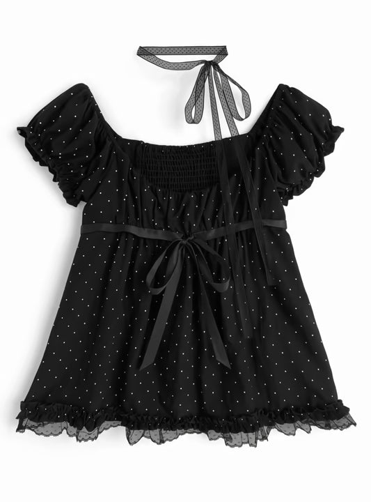 Polka Dot Ribbon Tie Front Top