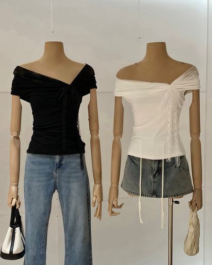 Lace Ribbon Off-shoulder Top