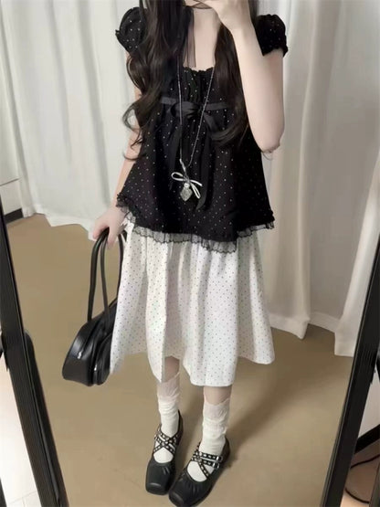 Polka Dot Ribbon Tie Front Top