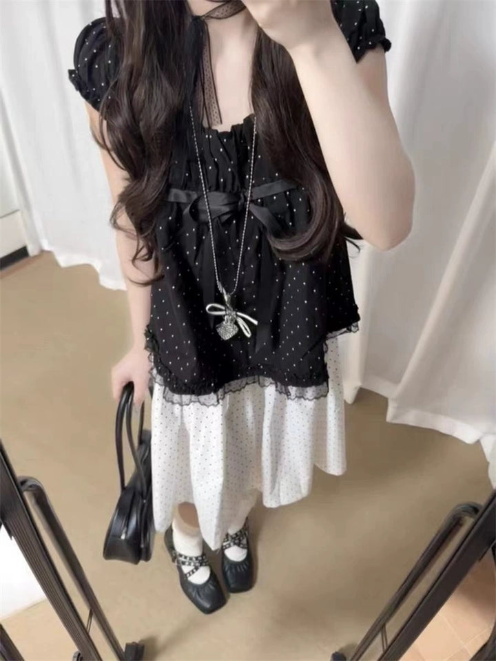 Polka Dot Ribbon Tie Front Top