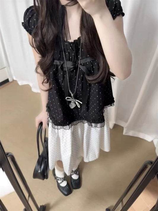 Polka Dot Ribbon Tie Front Top